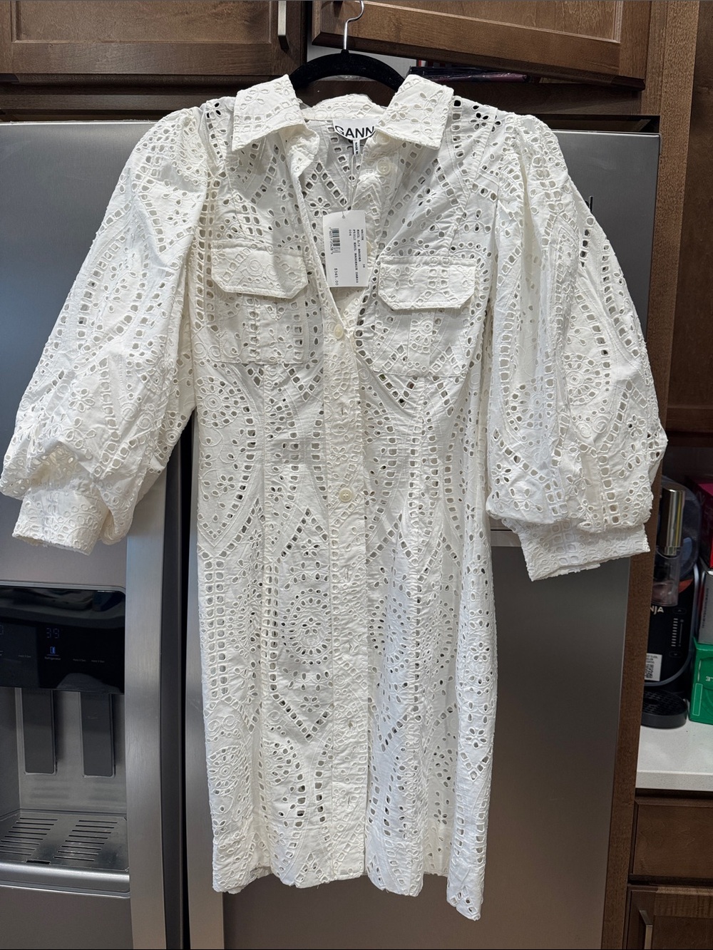 Ganni White Eyelet Puff Sleeve Shirt Dress